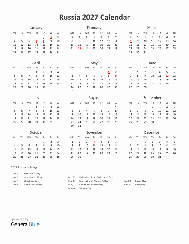 2027 Yearly Calendar Printable With Russia Holidays
