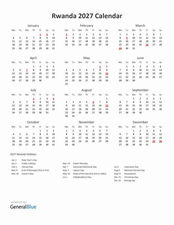 2027 Yearly Calendar Printable With Rwanda Holidays