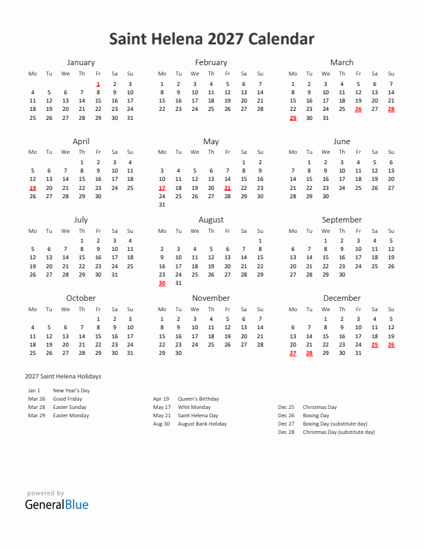 2027 Yearly Calendar Printable With Saint Helena Holidays