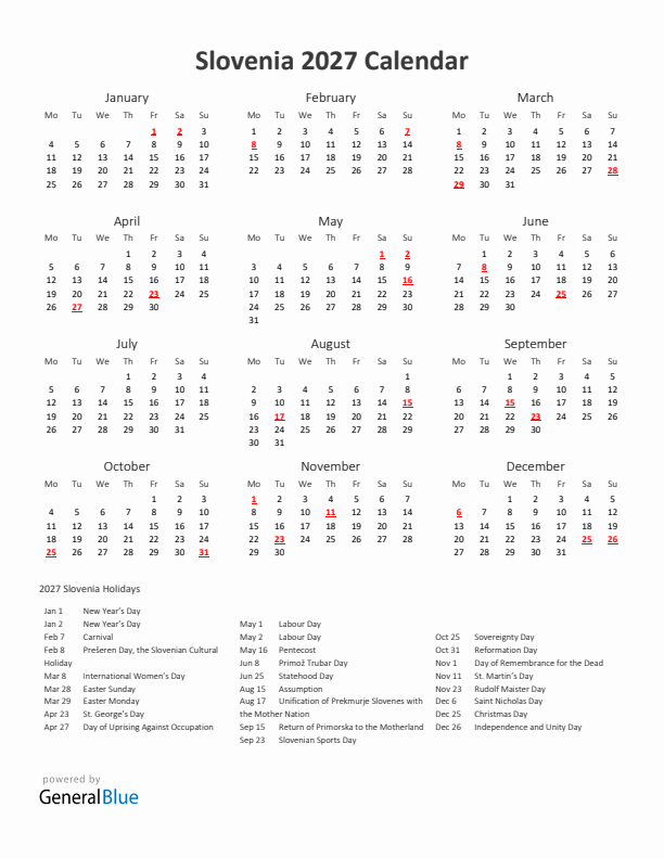 2027 Yearly Calendar Printable With Slovenia Holidays