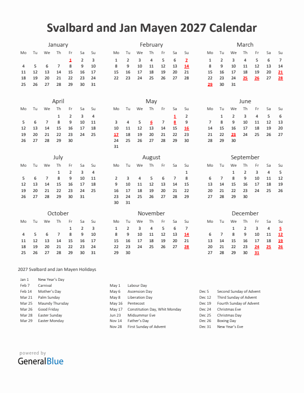 2027 Yearly Calendar Printable With Svalbard and Jan Mayen Holidays