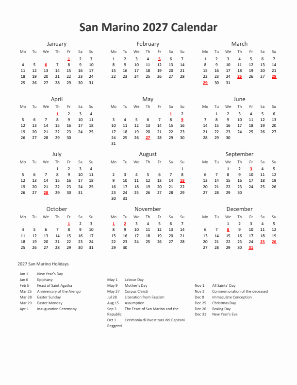 2027 Yearly Calendar Printable With San Marino Holidays
