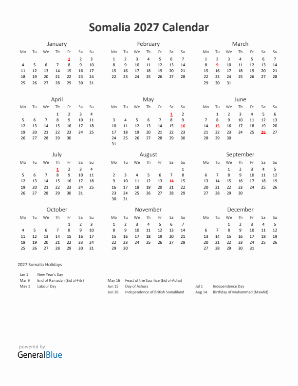 2027 Yearly Calendar Printable With Somalia Holidays