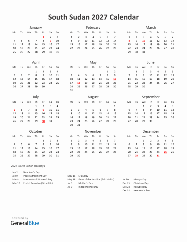 2027 Yearly Calendar Printable With South Sudan Holidays