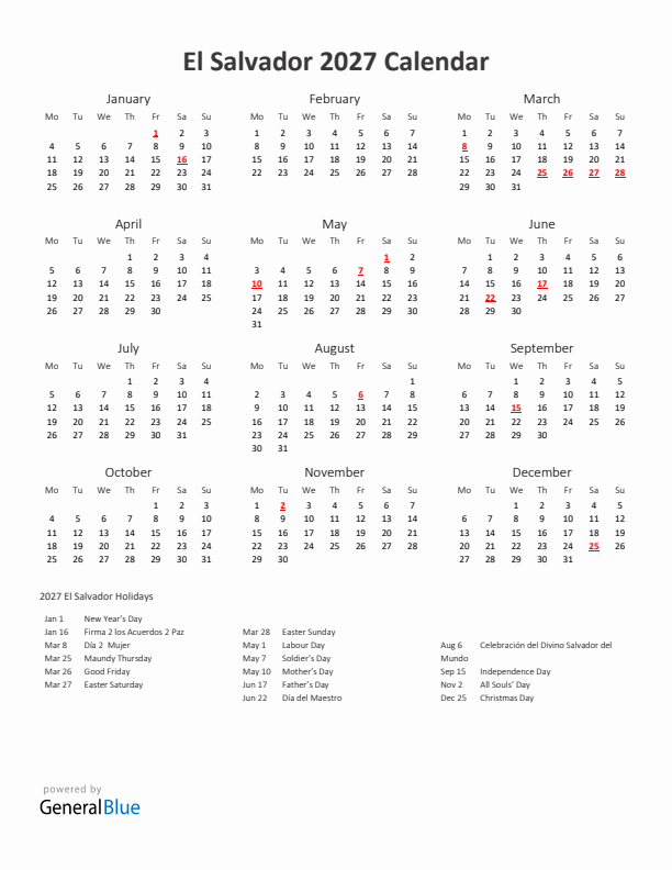 2027 Yearly Calendar Printable With El Salvador Holidays