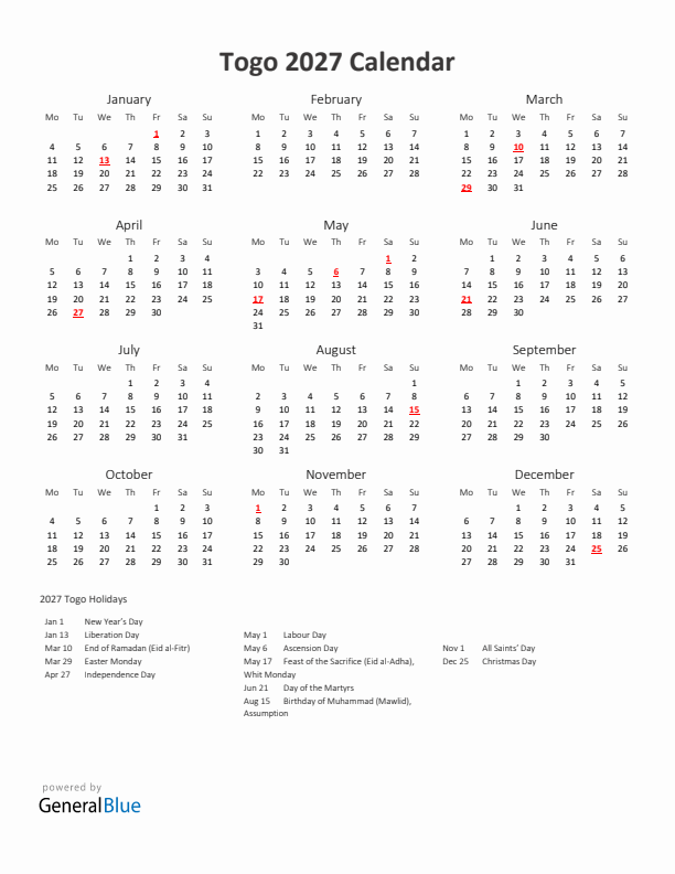 2027 Yearly Calendar Printable With Togo Holidays