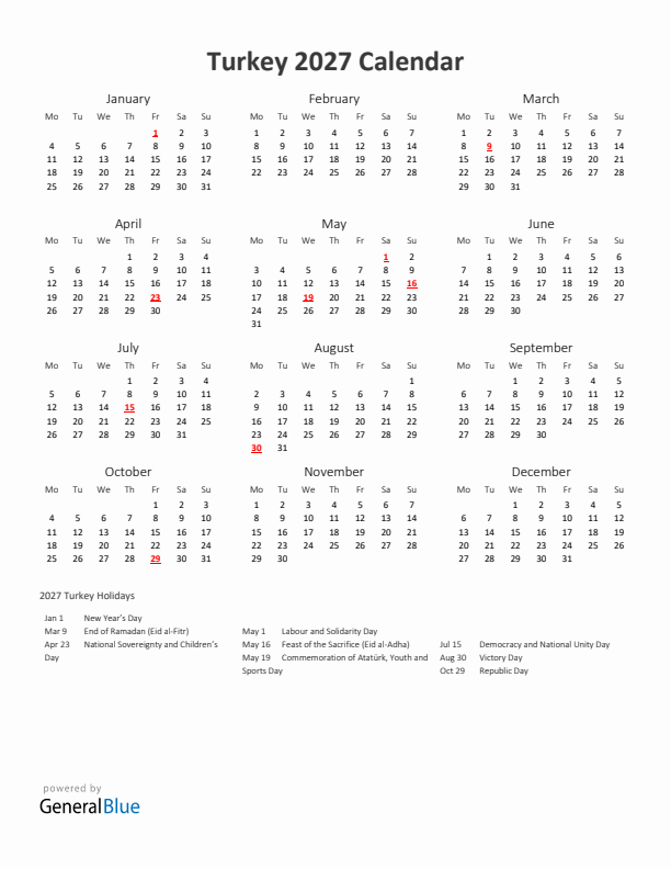 2027 Yearly Calendar Printable With Turkey Holidays