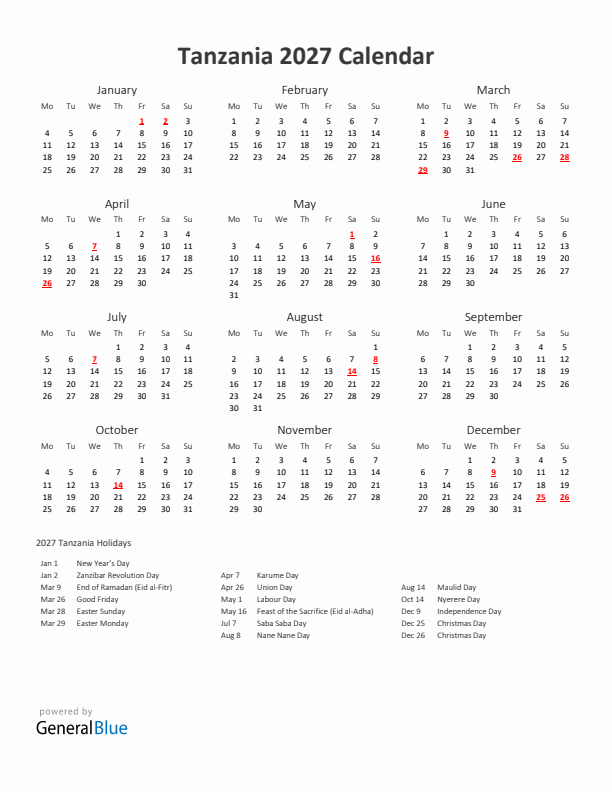 2027 Yearly Calendar Printable With Tanzania Holidays