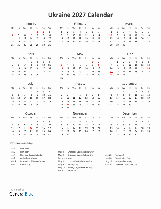 2027 Yearly Calendar Printable With Ukraine Holidays