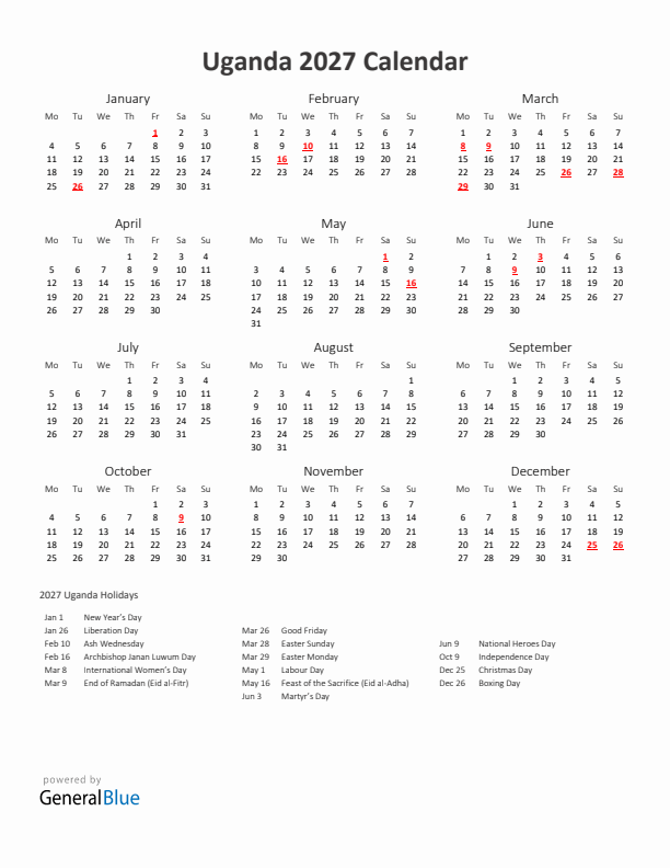 2027 Yearly Calendar Printable With Uganda Holidays