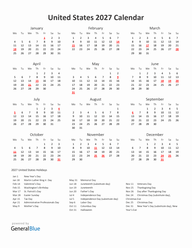 2027 Yearly Calendar Printable With United States Holidays