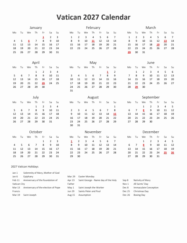 2027 Yearly Calendar Printable With Vatican Holidays