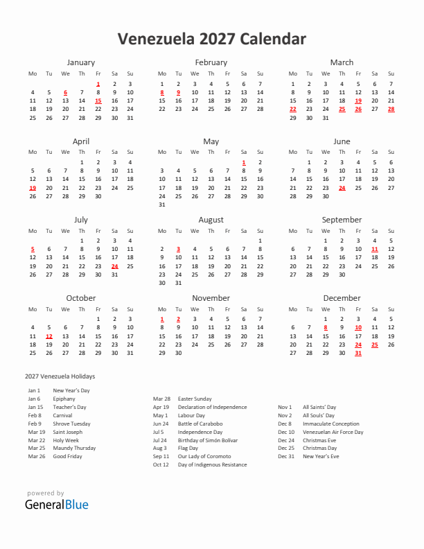 2027 Yearly Calendar Printable With Venezuela Holidays