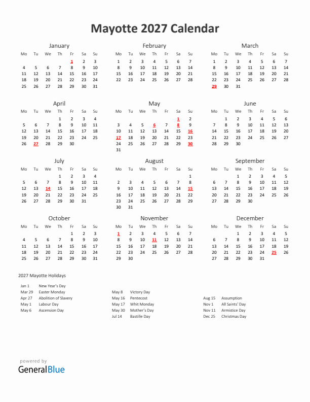 2027 Yearly Calendar Printable With Mayotte Holidays