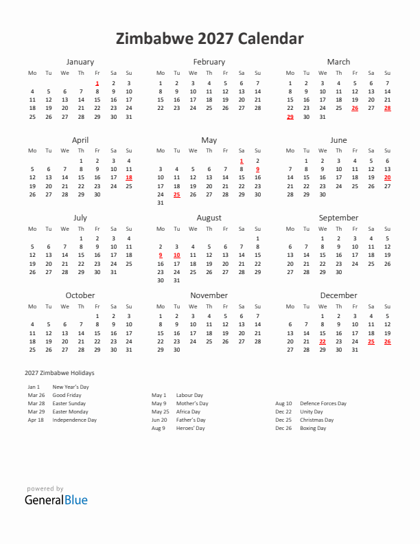 2027 Yearly Calendar Printable With Zimbabwe Holidays