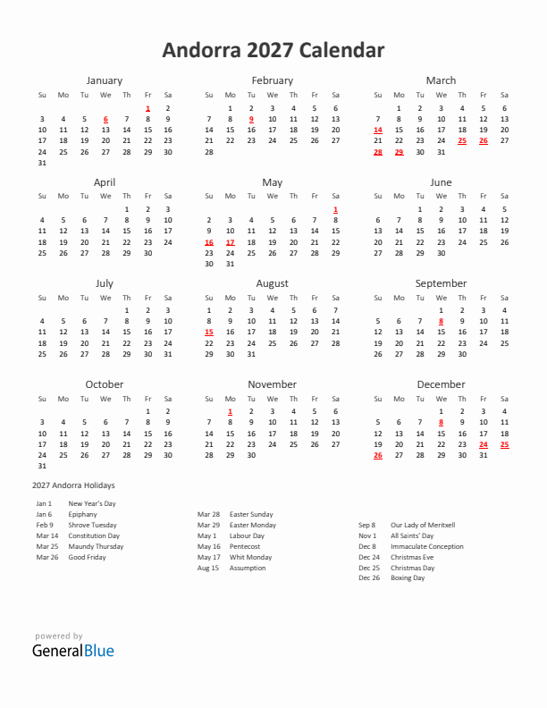 2027 Yearly Calendar Printable With Andorra Holidays