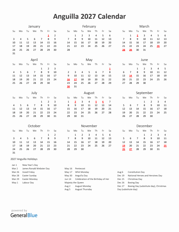 2027 Yearly Calendar Printable With Anguilla Holidays