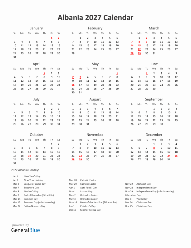 2027 Yearly Calendar Printable With Albania Holidays