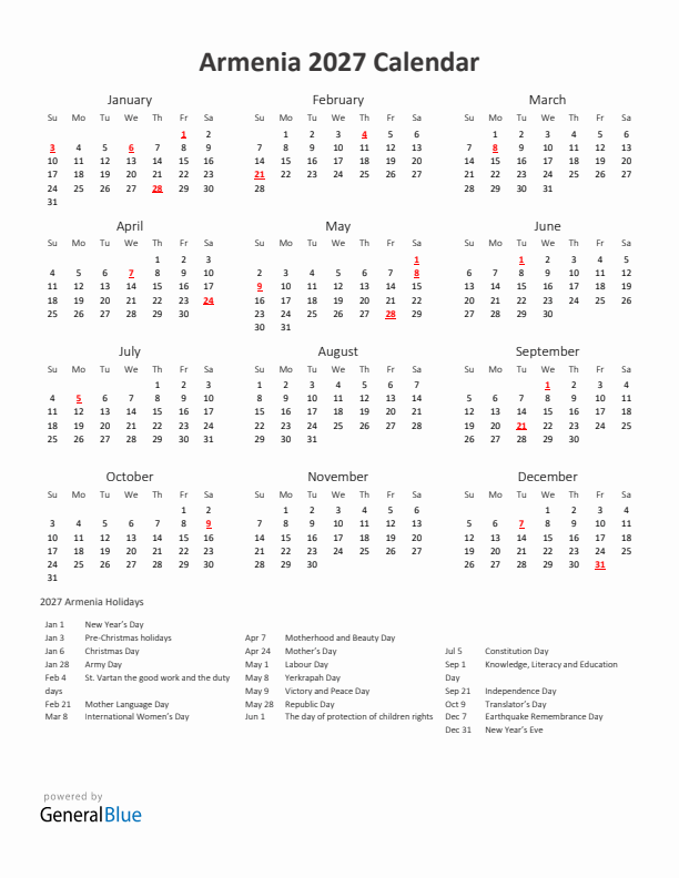 2027 Yearly Calendar Printable With Armenia Holidays