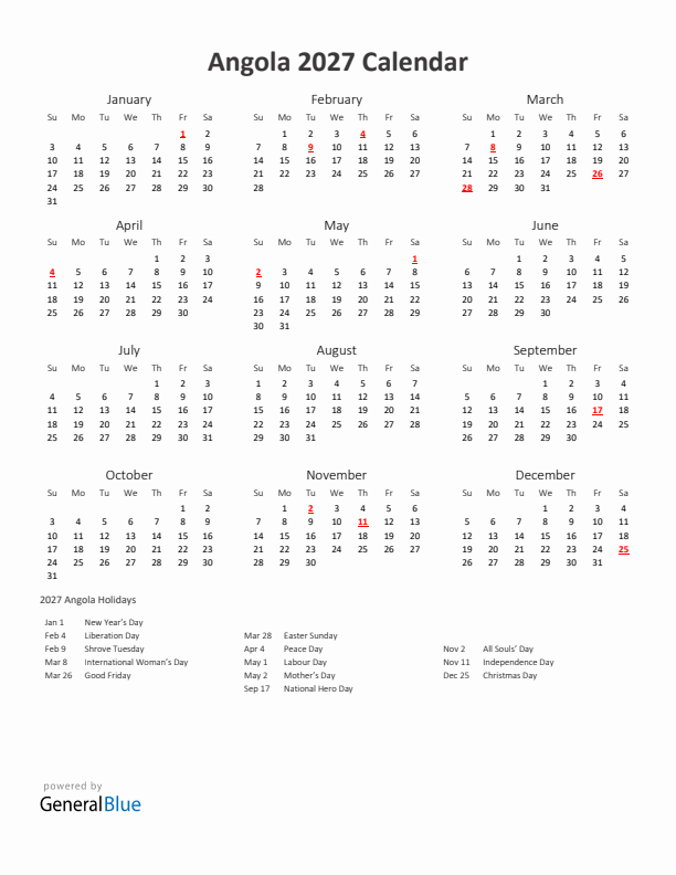 2027 Yearly Calendar Printable With Angola Holidays