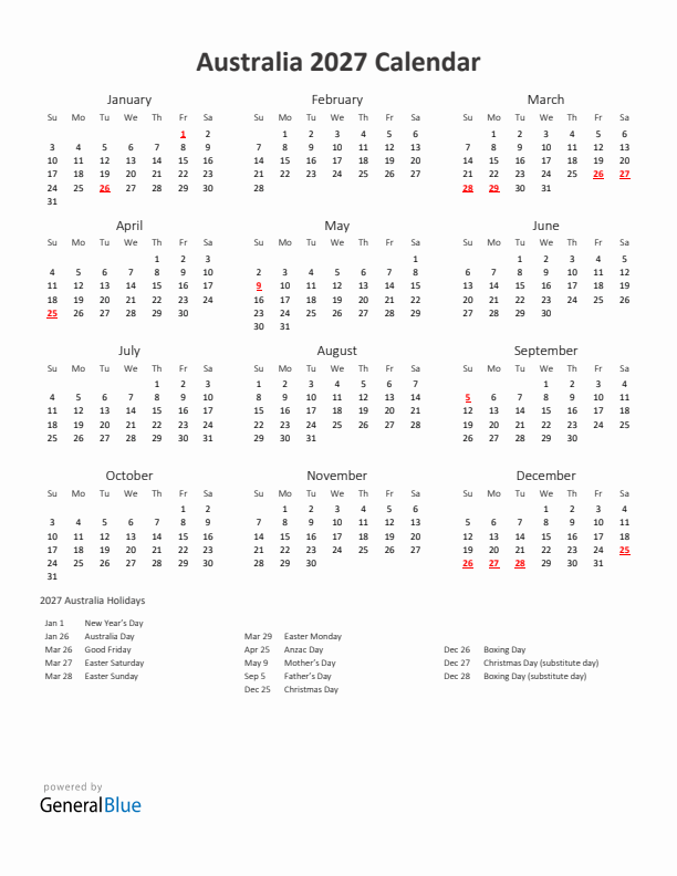 2027 Yearly Calendar Printable With Australia Holidays
