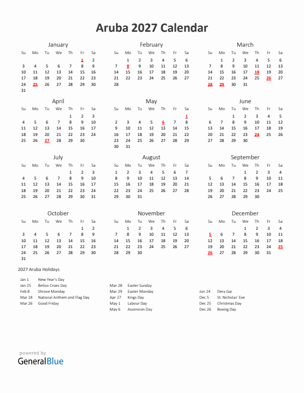 2027 Yearly Calendar Printable With Aruba Holidays