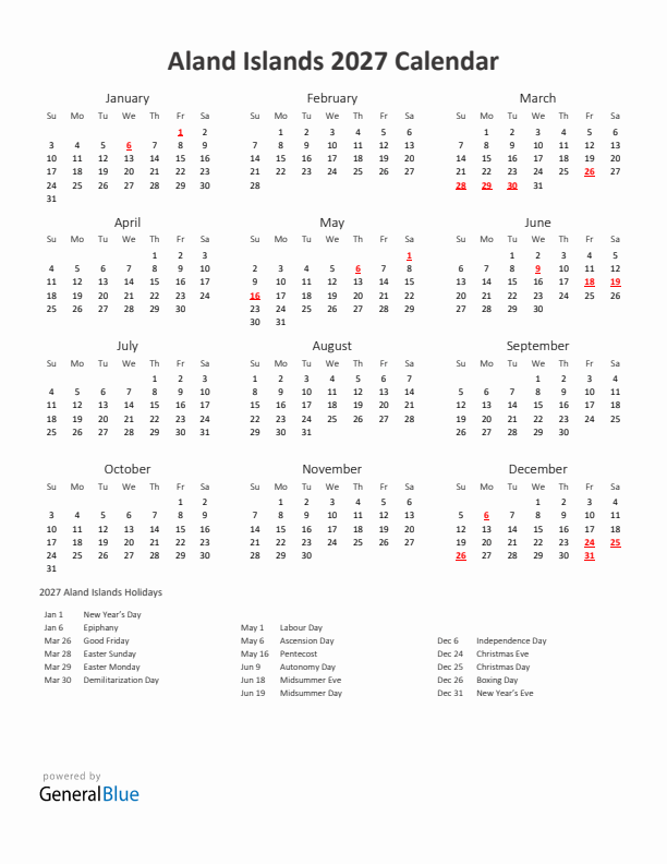 2027 Yearly Calendar Printable With Aland Islands Holidays
