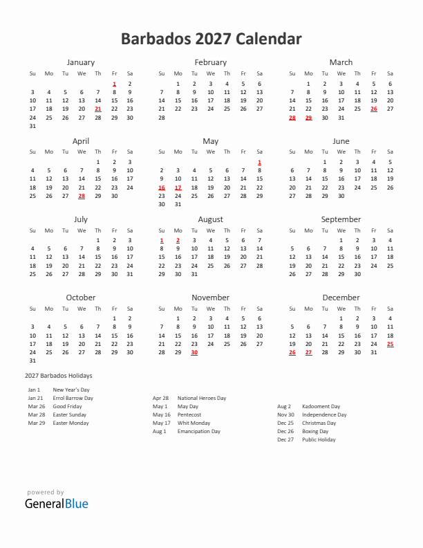 2027 Yearly Calendar Printable With Barbados Holidays