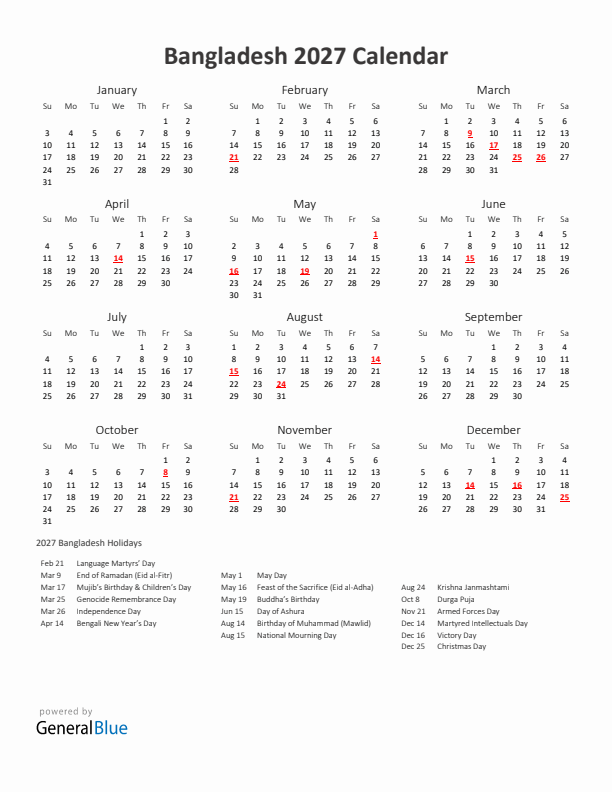 2027 Yearly Calendar Printable With Bangladesh Holidays