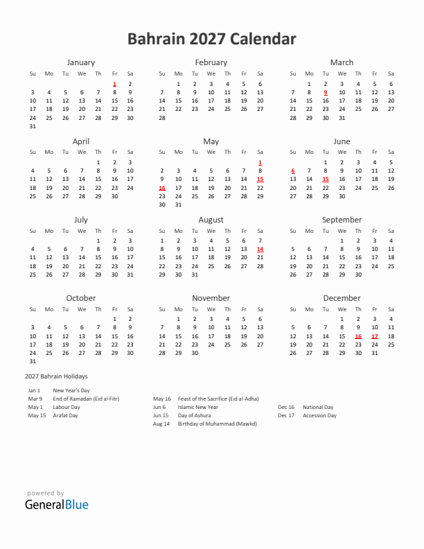 2027 Yearly Calendar Printable With Bahrain Holidays