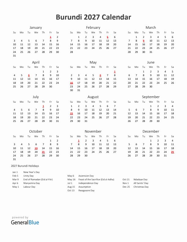 2027 Yearly Calendar Printable With Burundi Holidays