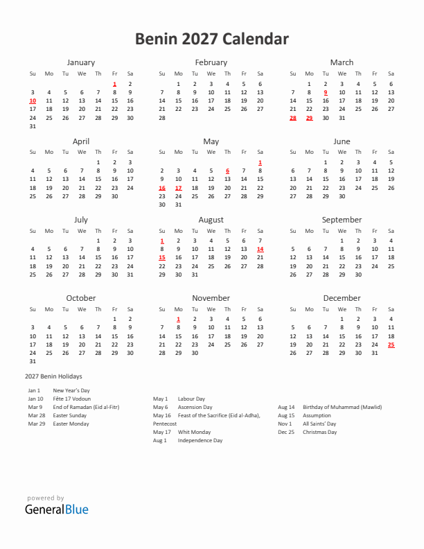 2027 Yearly Calendar Printable With Benin Holidays