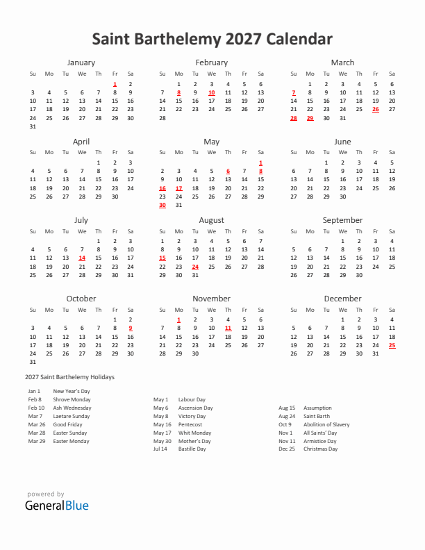 2027 Yearly Calendar Printable With Saint Barthelemy Holidays