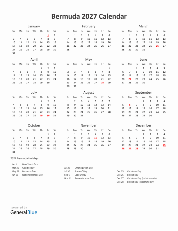 2027 Yearly Calendar Printable With Bermuda Holidays