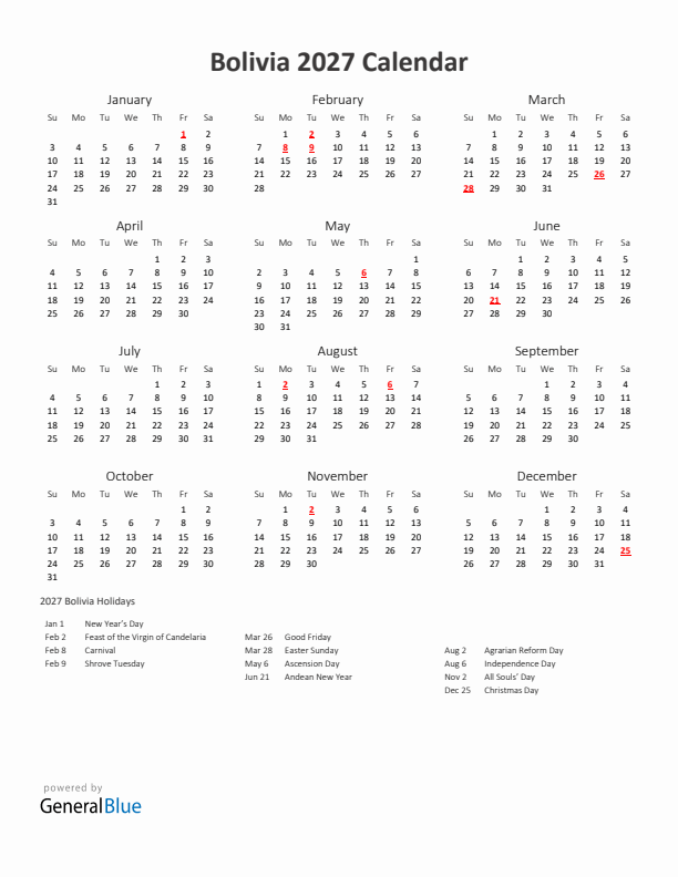 2027 Yearly Calendar Printable With Bolivia Holidays