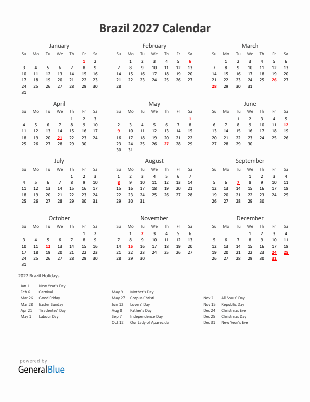 2027 Yearly Calendar Printable With Brazil Holidays