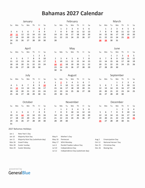 2027 Yearly Calendar Printable With Bahamas Holidays
