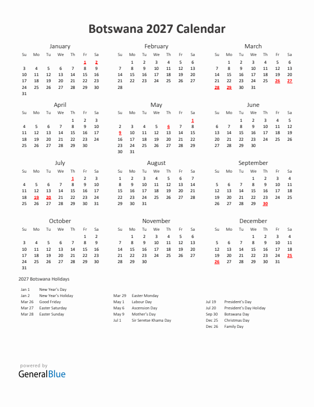 2027 Yearly Calendar Printable With Botswana Holidays