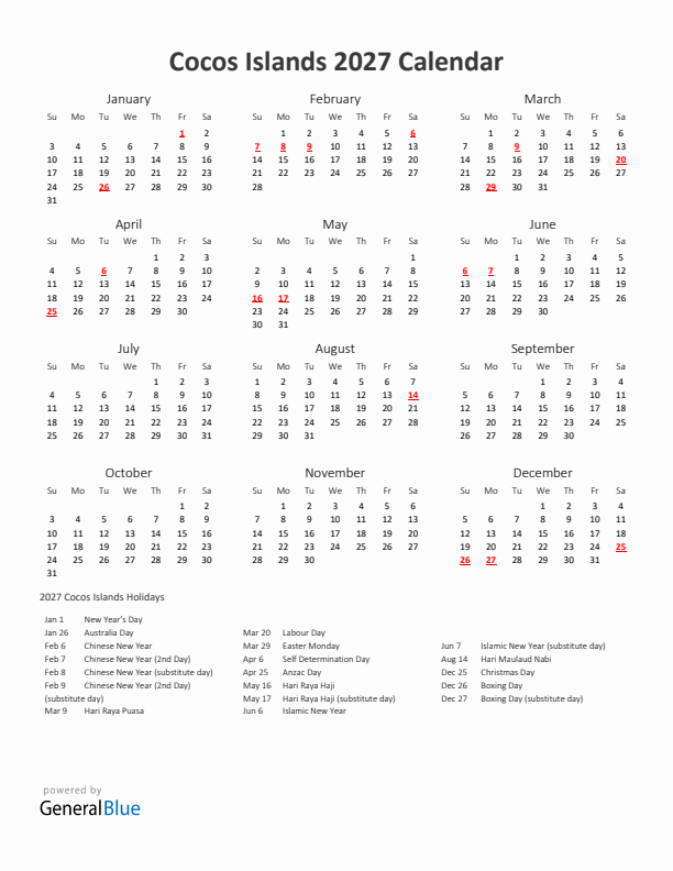 2027 Yearly Calendar Printable With Cocos Islands Holidays