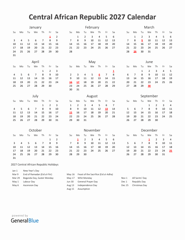 2027 Yearly Calendar Printable With Central African Republic Holidays