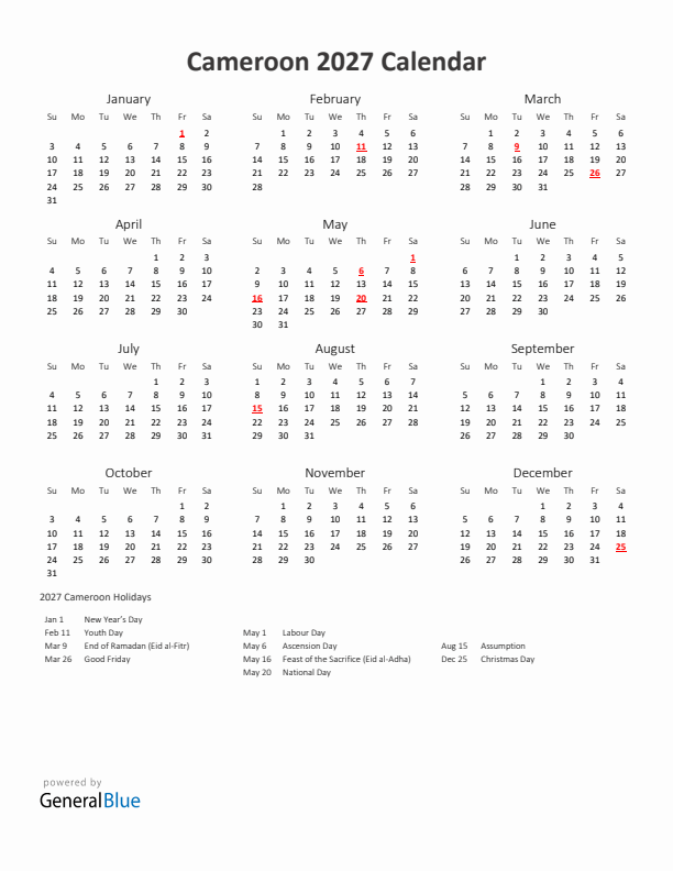 2027 Yearly Calendar Printable With Cameroon Holidays