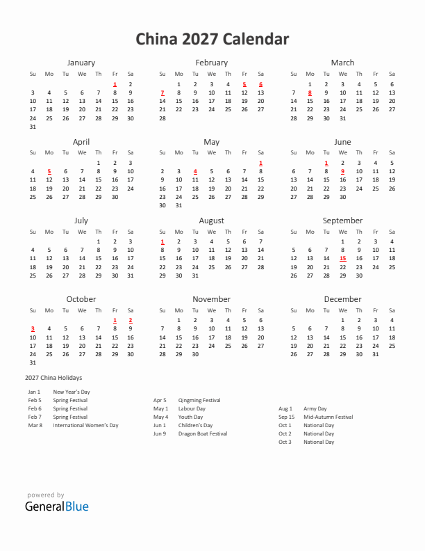 2027 Yearly Calendar Printable With China Holidays