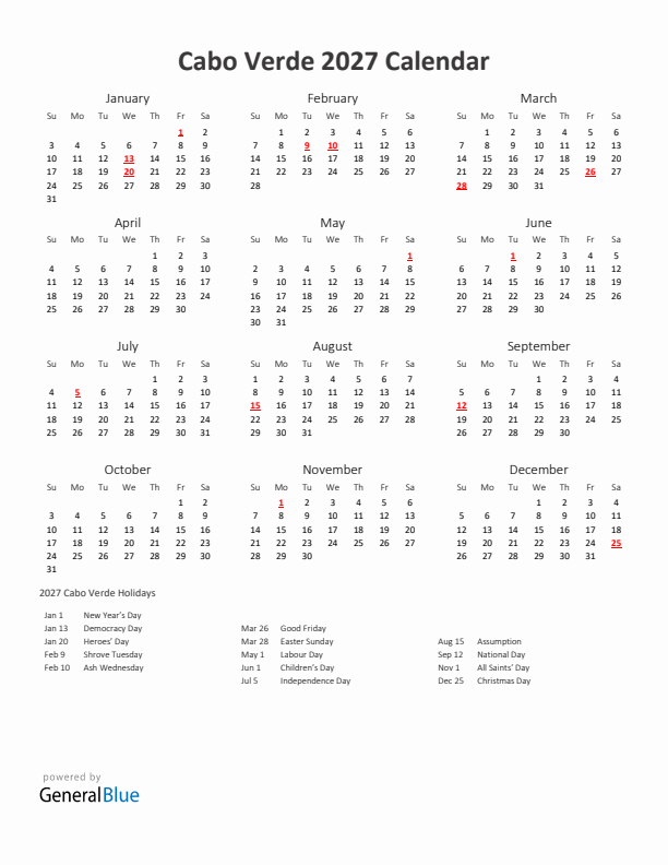 2027 Yearly Calendar Printable With Cabo Verde Holidays