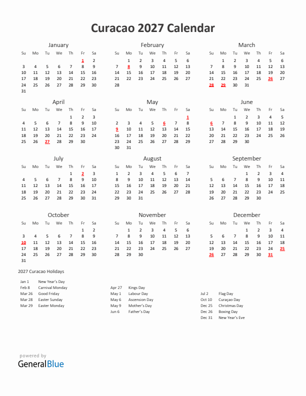 2027 Yearly Calendar Printable With Curacao Holidays