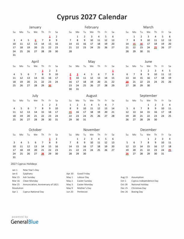 2027 Yearly Calendar Printable With Cyprus Holidays