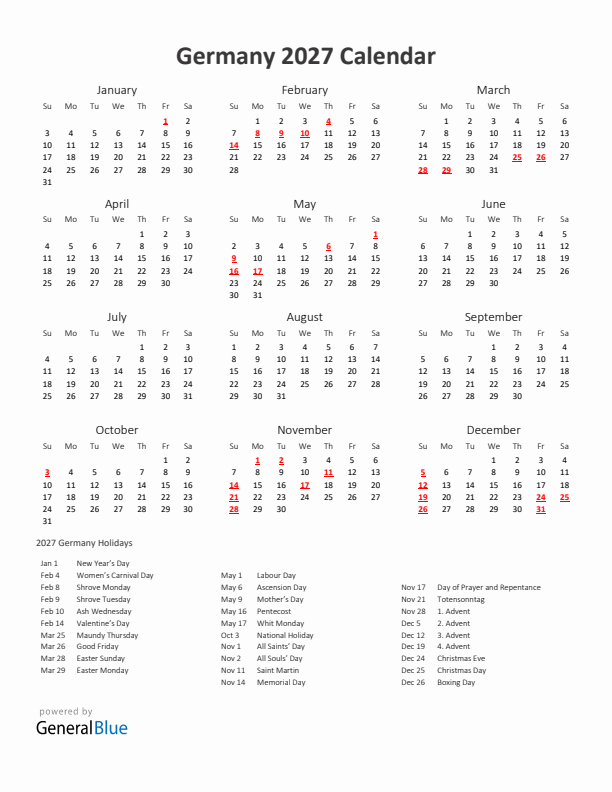 2027 Yearly Calendar Printable With Germany Holidays