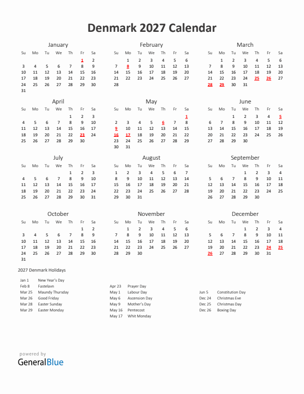2027 Yearly Calendar Printable With Denmark Holidays