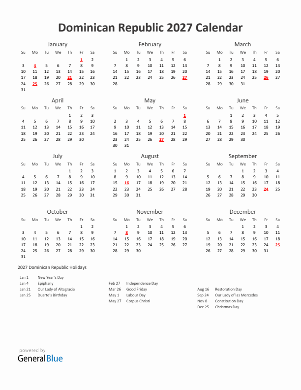 2027 Yearly Calendar Printable With Dominican Republic Holidays