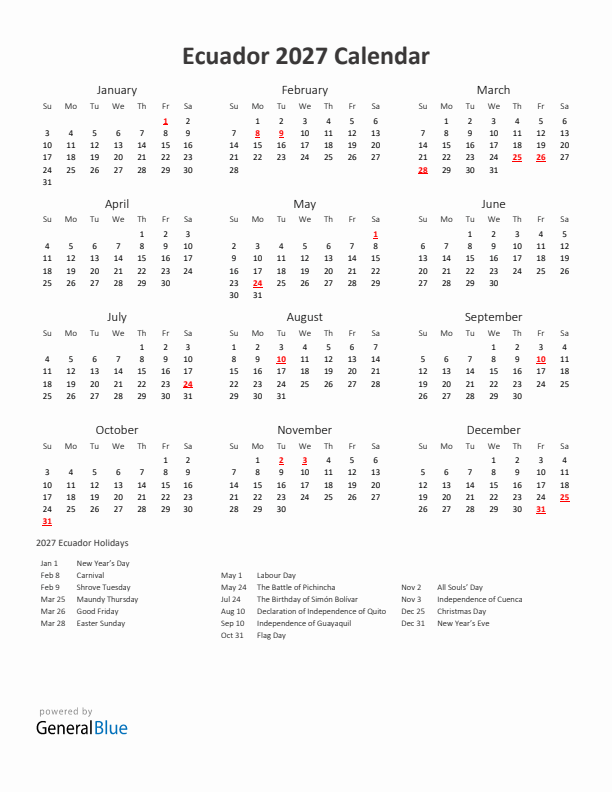 2027 Yearly Calendar Printable With Ecuador Holidays