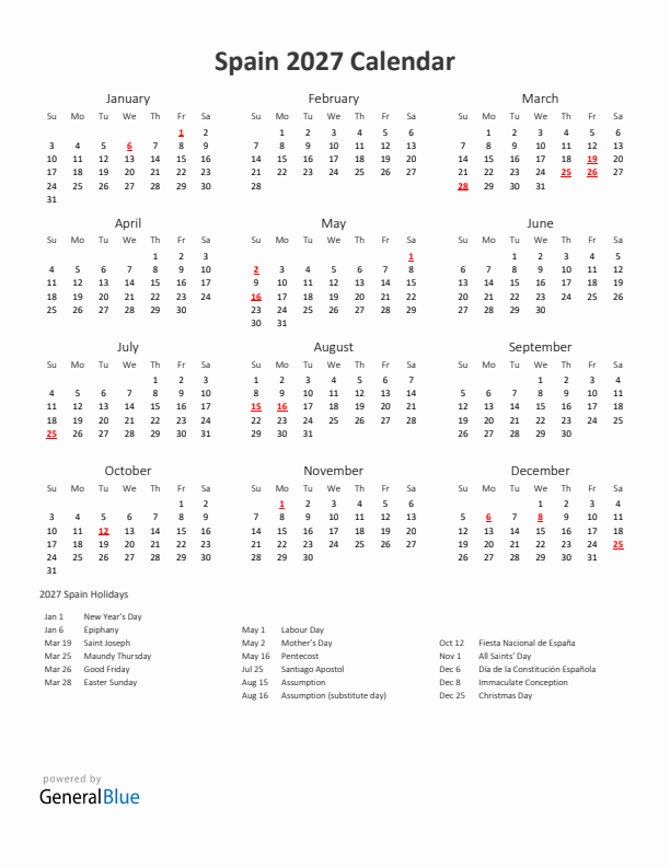 2027 Yearly Calendar Printable With Spain Holidays